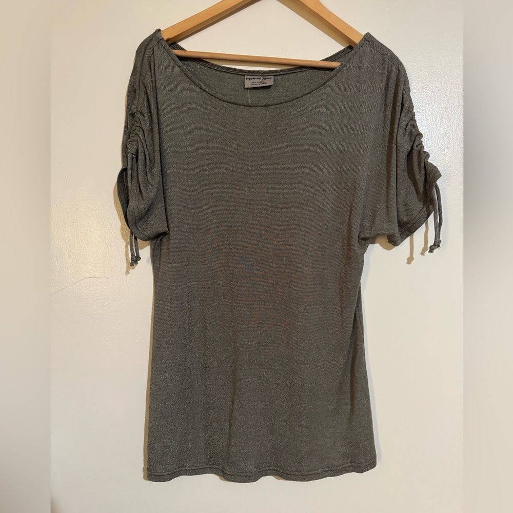 NWT Micheal Stars camo shine short sleeve drawstring boatneck Gray Women's Top